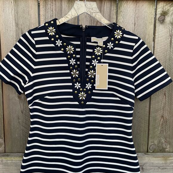 Michael Michael Kors Striped T-Shirt Dress Embellished Floral V-Neck Small NWT - Picture 3 of 9